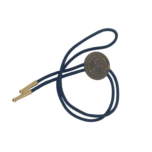 NRA National Rifle Association Brass Medallion Bolo Tie Blue Cord & Gold Tips - Picture 6 of 8